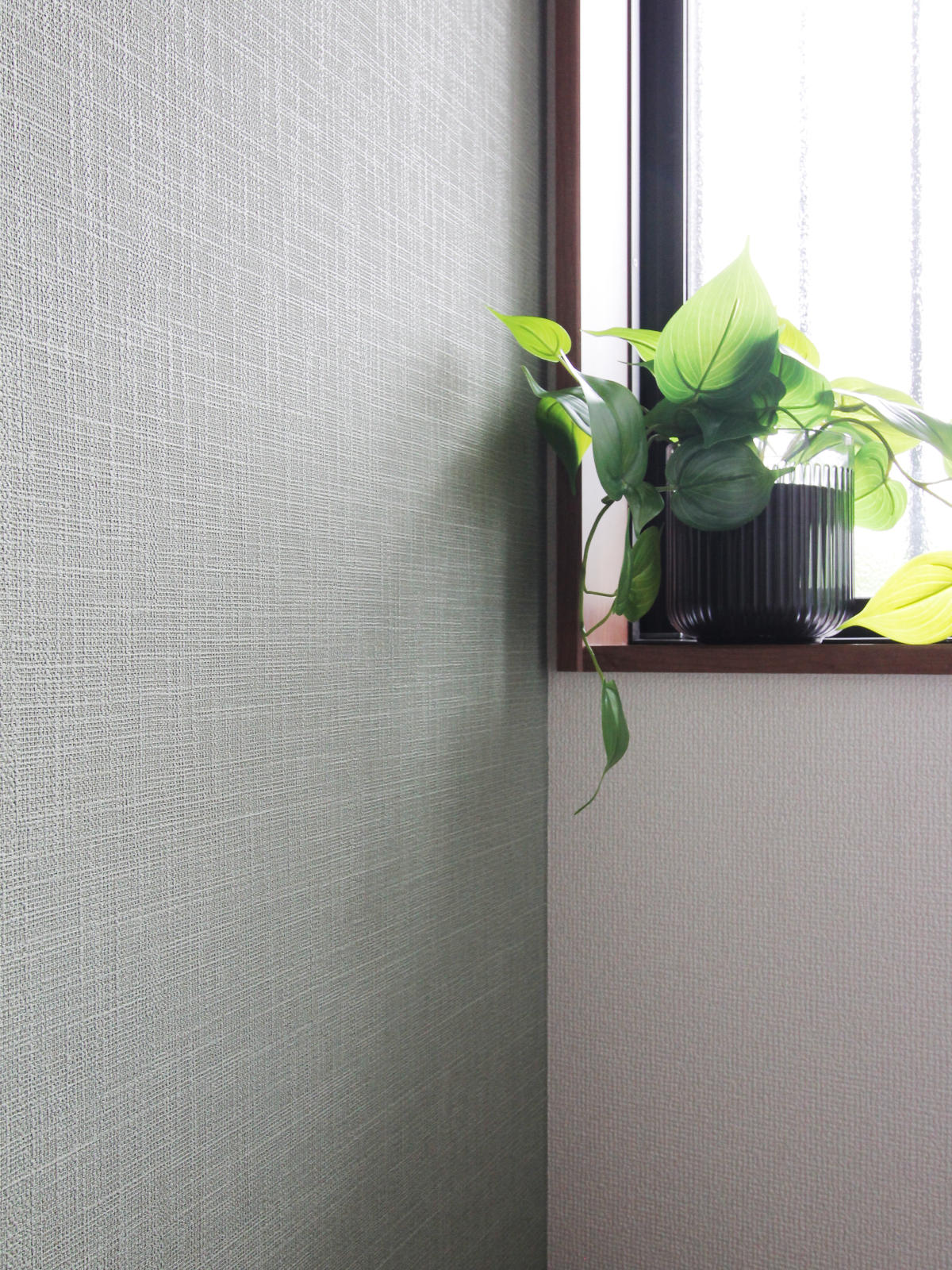 窓際に映える観葉植物とグリーンのアクセントクロスRE-55155がポイント。自然光が柔らかく反射し、サティスGの清潔感を引き立てるデザイン。