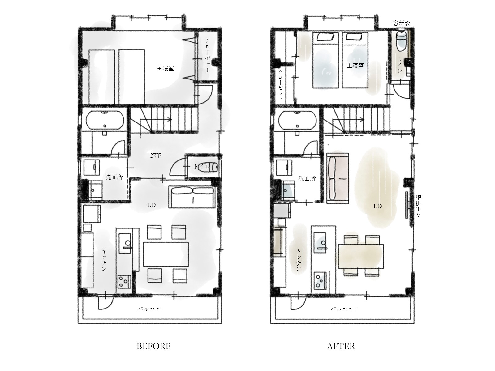 北名古屋市のリノベーション事例のビフォーアフター平面図